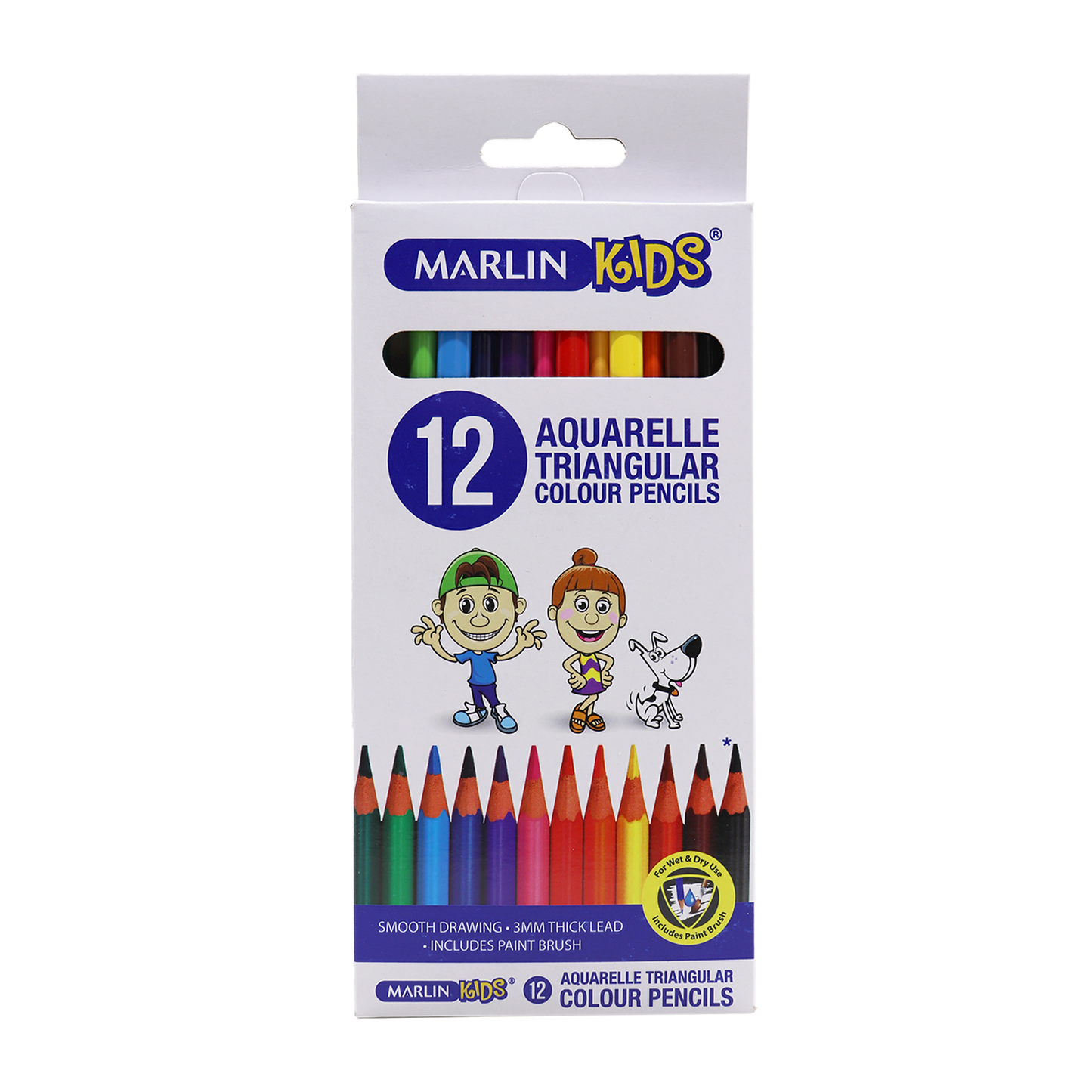 Marlin Kids Aquarelle Triangular Colour Pencils + Brush (12 Packs of 12 Pencils)
