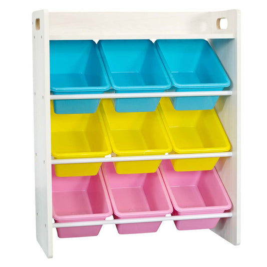 Multi-Coloured Storage Bin Organiser (Wood, 9 Bins)