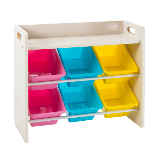 Multi-Coloured Storage Bin Organiser (Wood, 6 Bins)